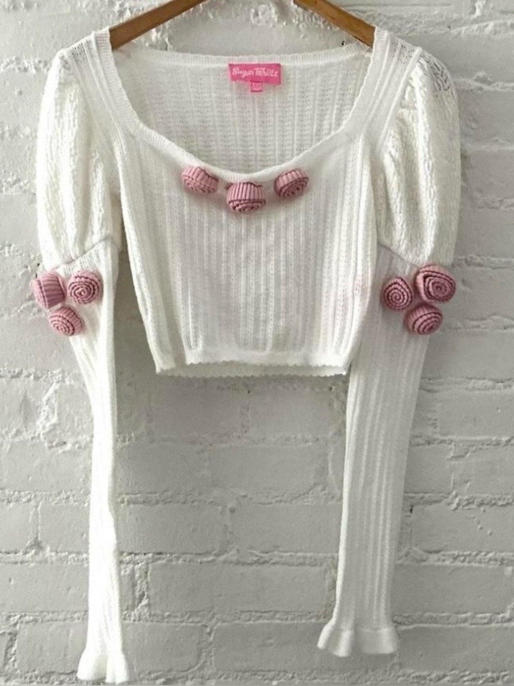 Dolls Kill Sugar Thrillz Rosette Cropped Top Pointelle Knit Coquette Festival